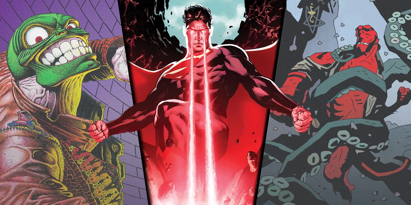 Superman using his heat vision with The Mask and Hellboy getting ready to fight in the background