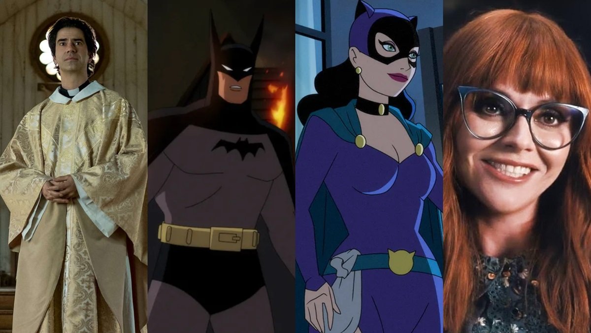 Hammish Linklater em Missa da Meia-Noite (L), Batman e Mulher-Gato em Batman: Caped Crusader (Centro) e Christina Ricci na quarta-feira (R)