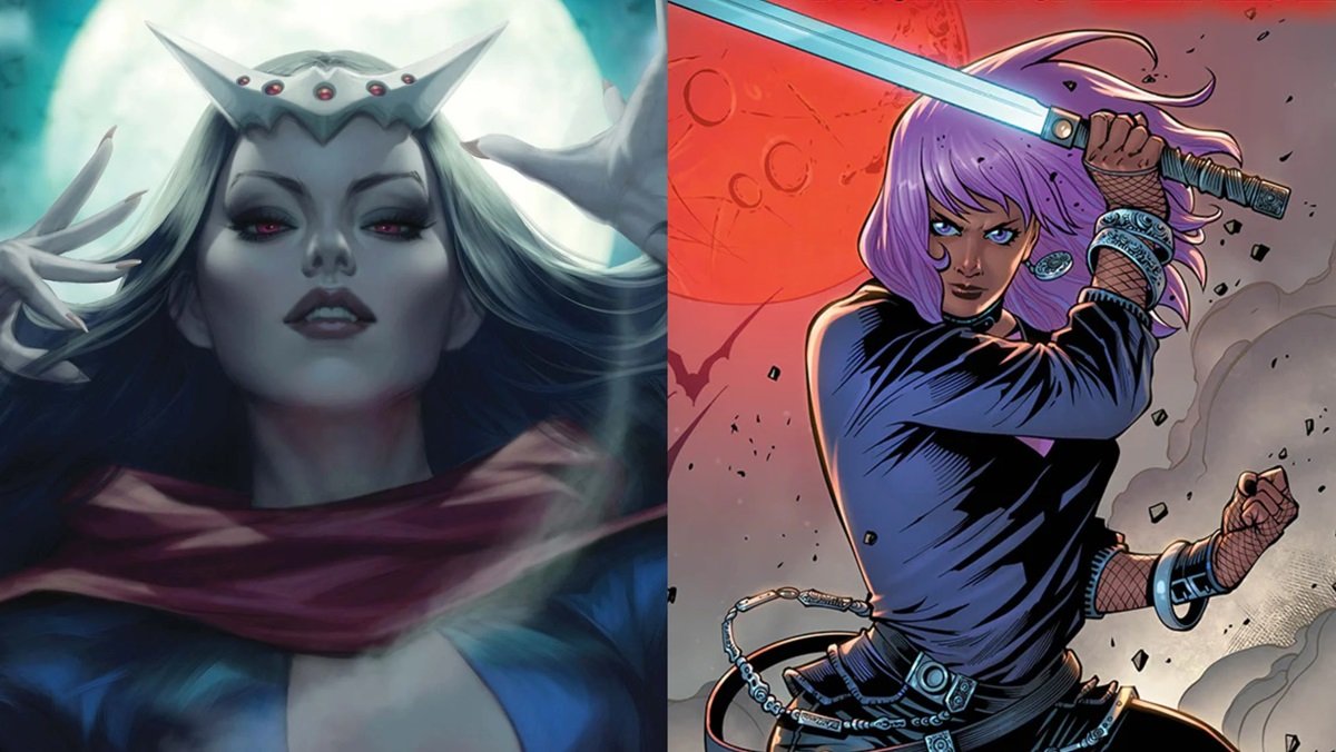 Lilith, filha de Drácula (L) e Bloodline, filha de Blade (R) conforme aparecem na Marvel Comics.
