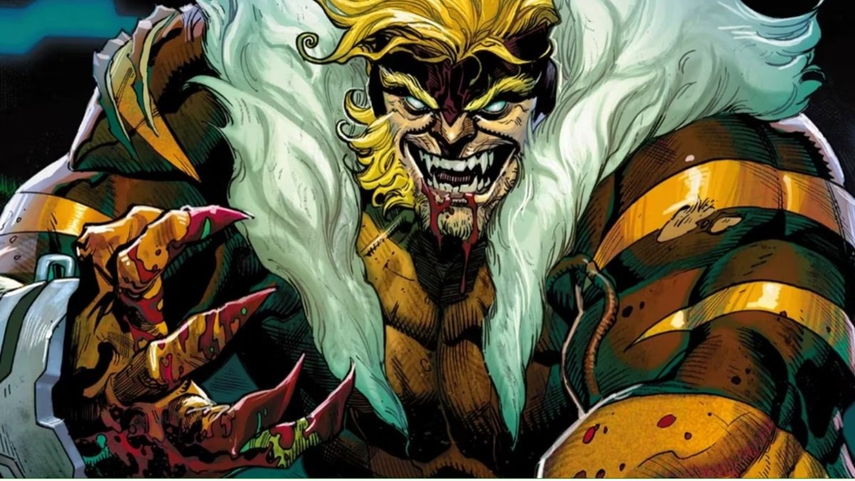 Um Dentes-de-Sabre selvagem se prepara para lutar contra os X-Men.