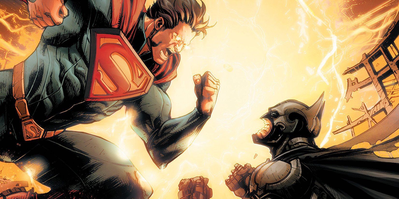 Superman and Batman facing each other as if they're about to fight, with a bright explosion in the background