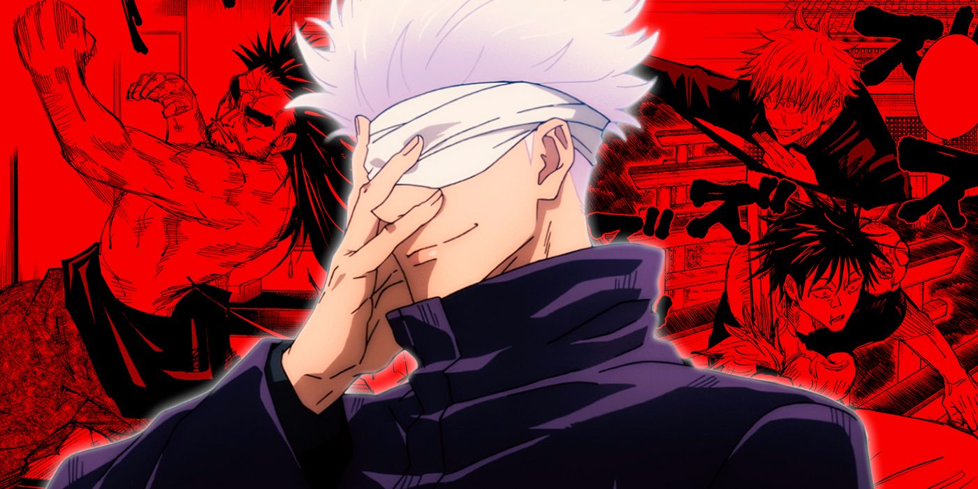 Uma colagem personalizada de Gojo sorrindo em frente aos painéis de mangá de Jujutsu Kaisen