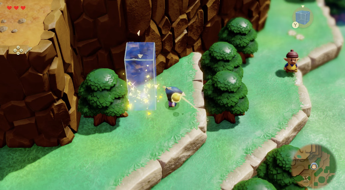 Uma captura de tela do trailer de Legend of Zelda: Echoes of Wisdom mostra Zelda empilhando três cubos de água próximo a um penhasco.