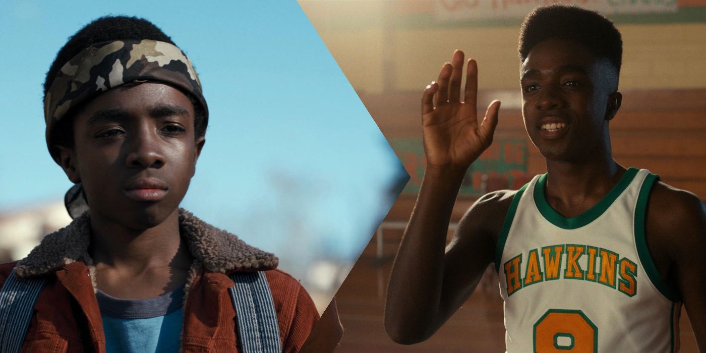 Uma imagem dividida mostra Lucas de Stranger Things