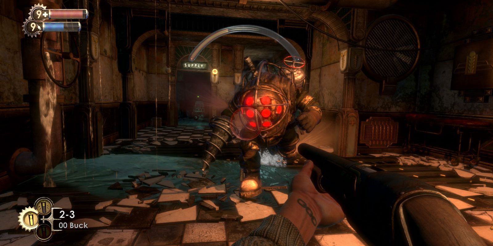 Jack dispara sua espingarda contra um Big Dady em BioShock