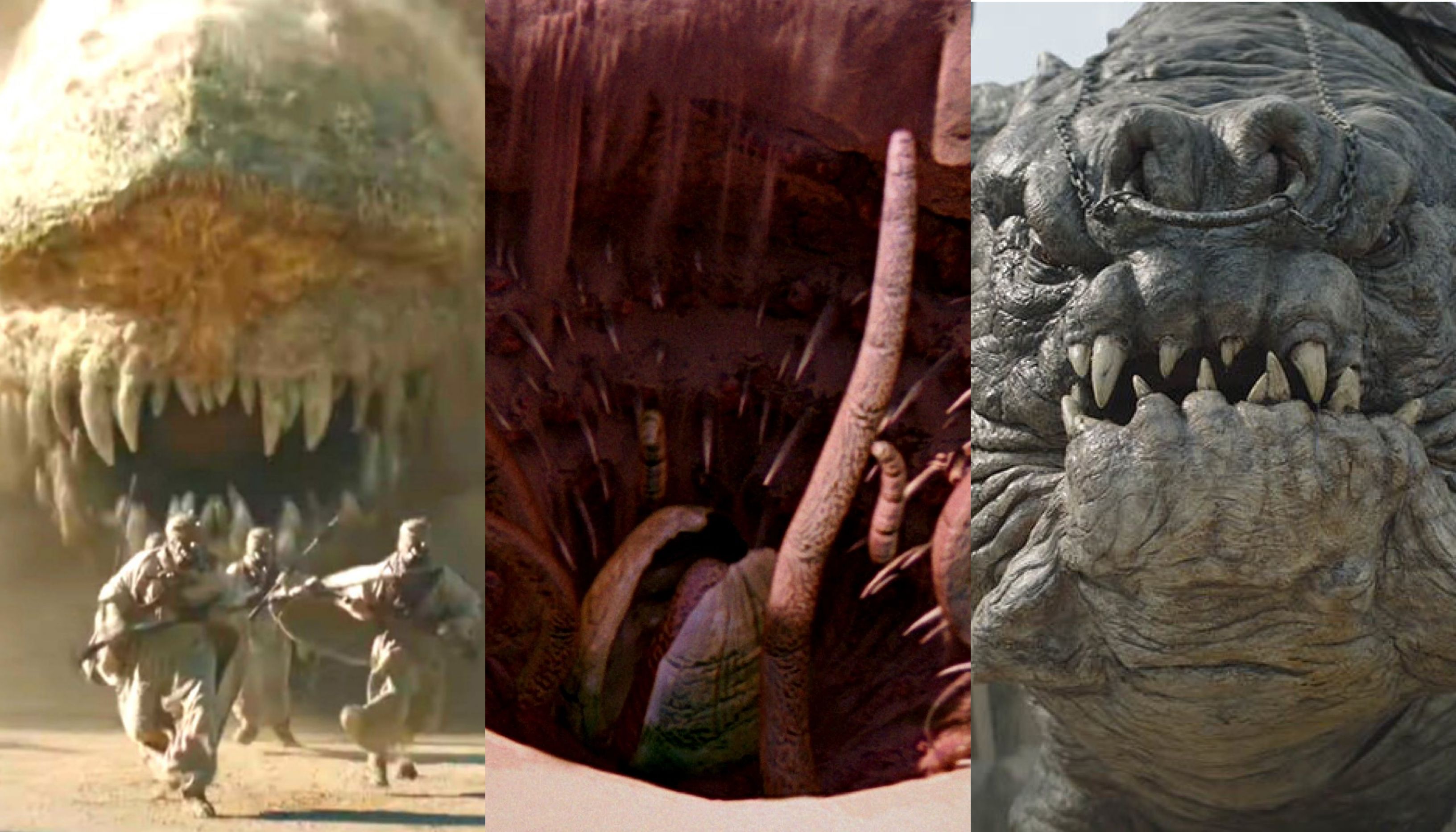 Os monstros mais assustadores de Star Wars: dragão krayt (esquerda), sarlacc (meio) e rancor (direita)