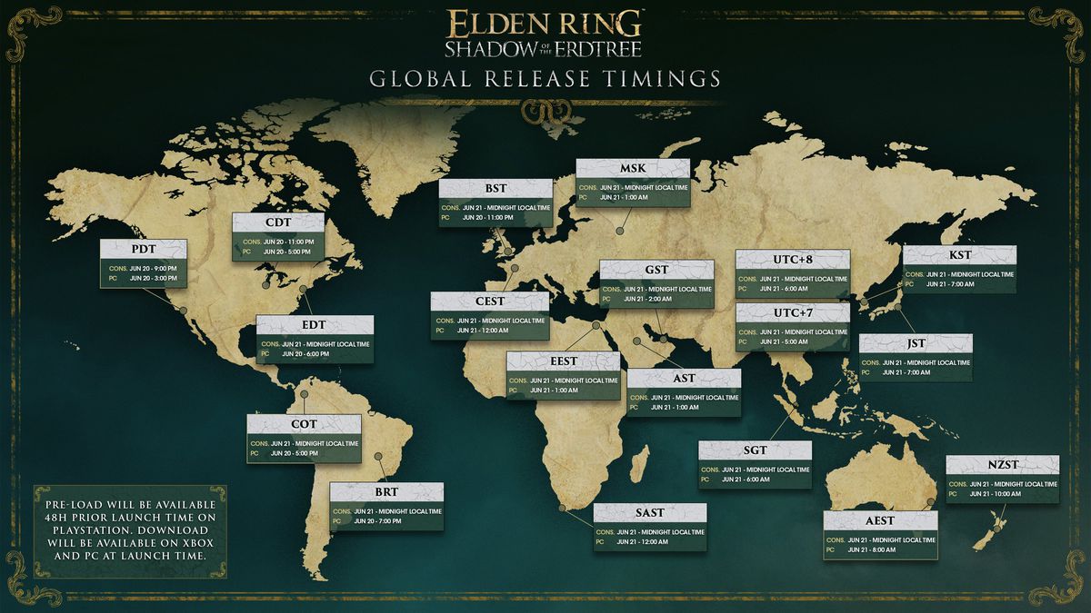 Um gráfico mostra os tempos de lançamento em todo o mundo do DLC Elden Ring Shadow of the Erdtree.