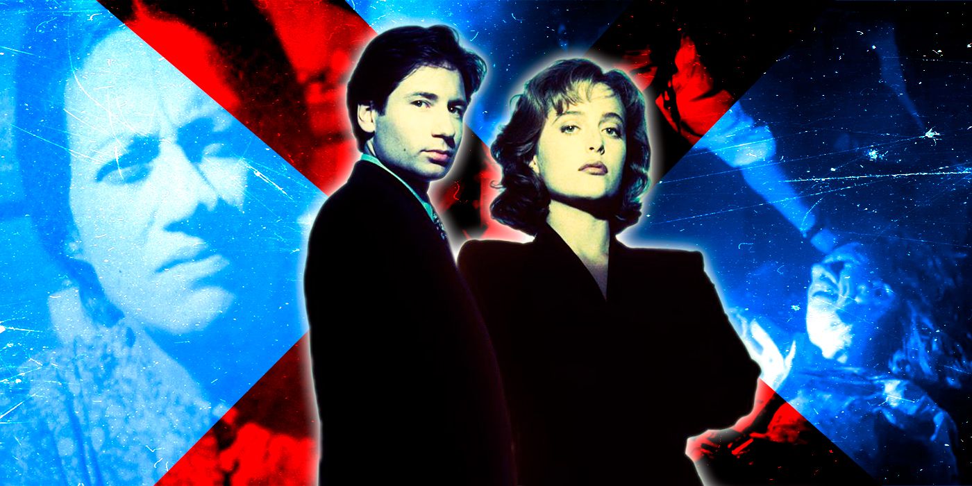 Mulder e Scully juntos em frente às fotos do episódio inicial da 4ª temporada