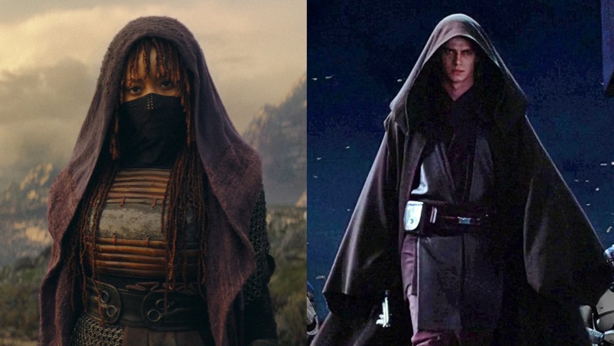 Mae em O Acólito (E) e Anakin Skywalker (D)