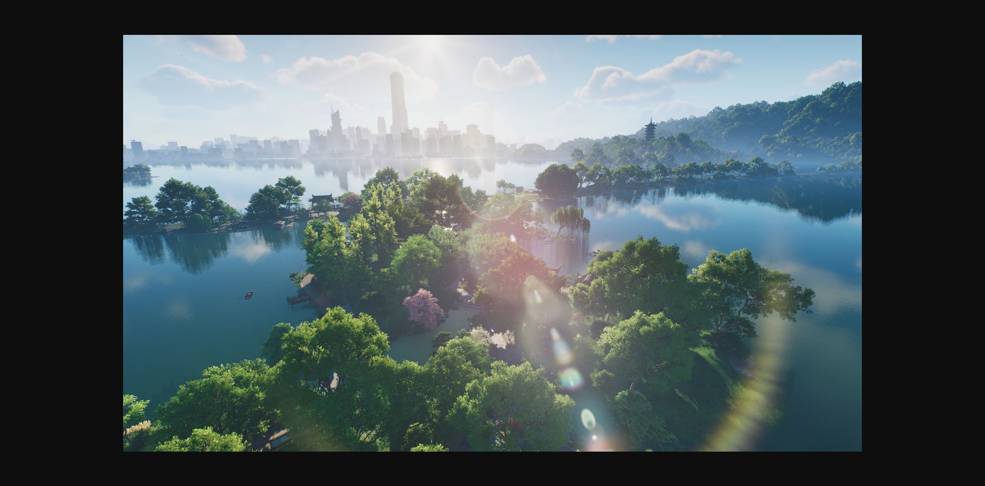Paisagem de cidade futurista com água e áreas verdes em ANANTA