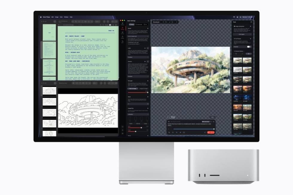 Mac Studio com M5 Ultra gerando uma imagem de IA no app Draw Things.