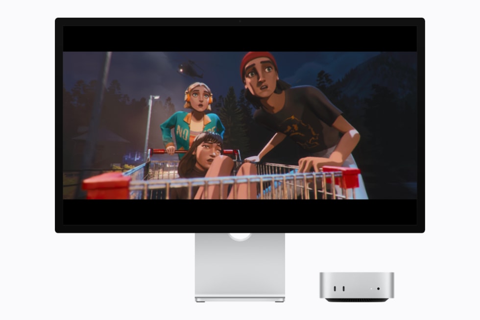 Mac mini com M6 exibindo o jogo Mixtape em uma tela.
