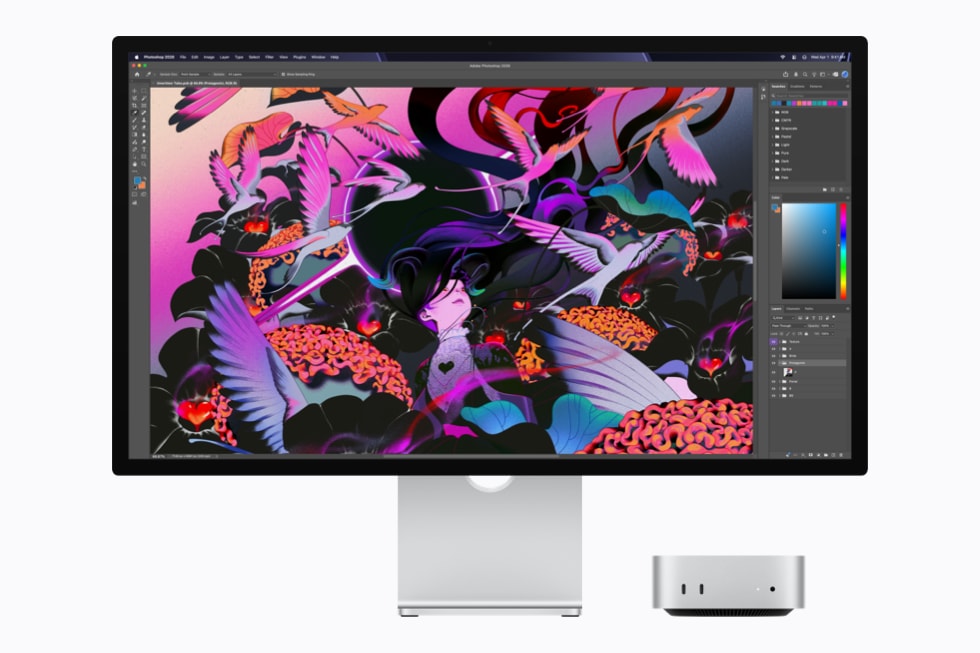 Mac mini com M6 executando edição de imagem no Adobe Photoshop.