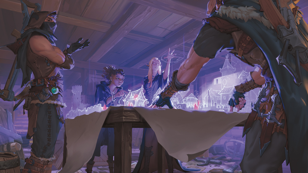 A equipe de aventureiros estuda esquemas para uma missão de espionagem mágica em D&D