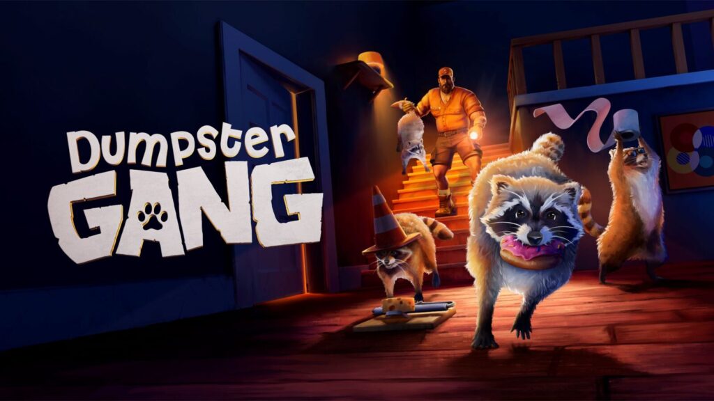 Arte oficial de Dumpster Gang com guaxinins em uma cena de caos urbano.