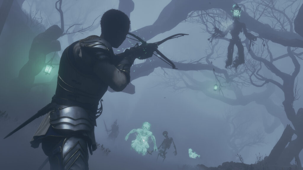 Herói de Fable enfrenta inimigos em uma área de Albion durante uma luta.