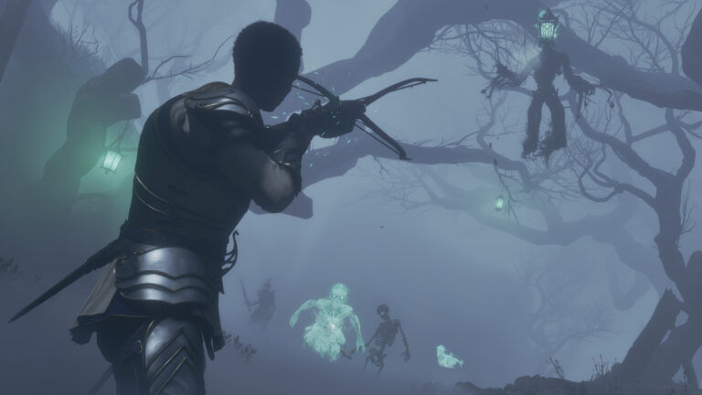 Herói de Fable enfrenta inimigos em uma área de Albion durante uma luta.