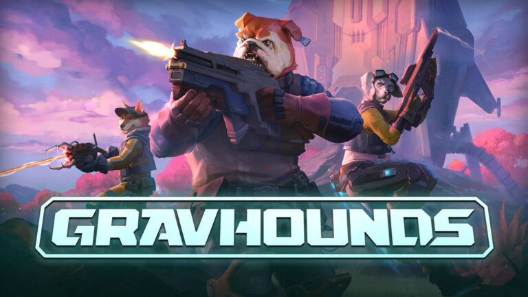 Arte oficial de Gravhounds com os cães biogenéticos em um planeta alienígena.