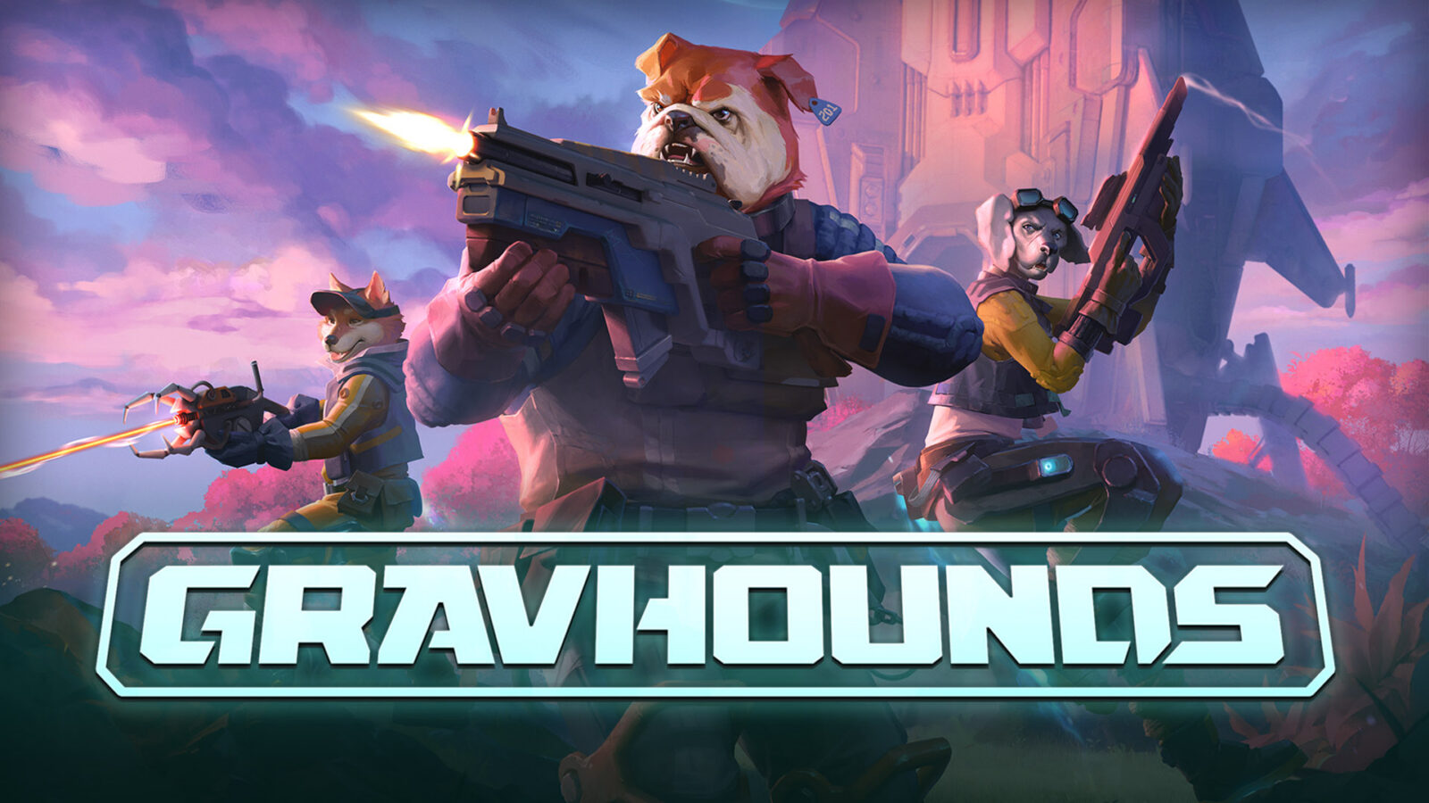 Arte oficial de Gravhounds com os cães biogenéticos em um planeta alienígena.
