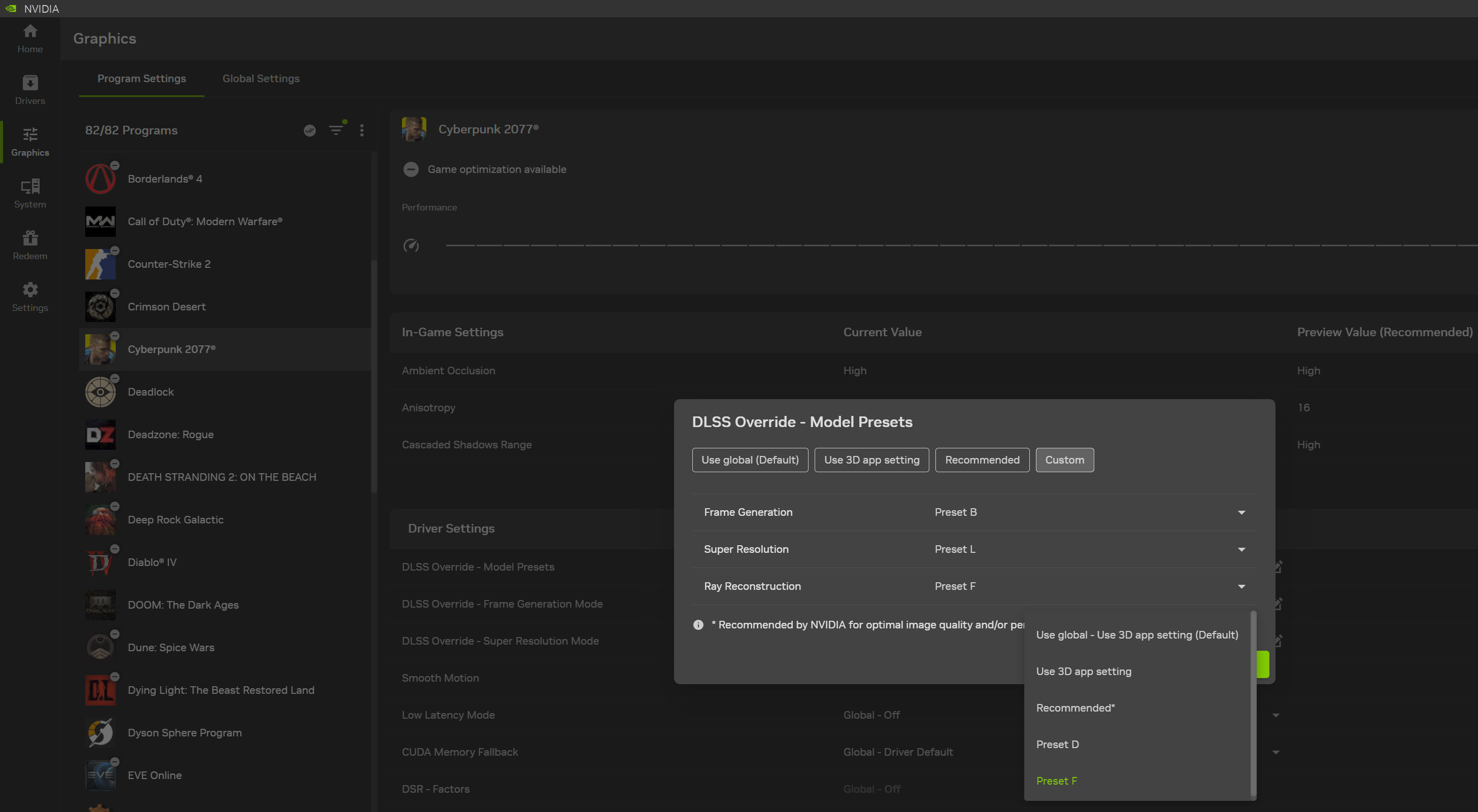 Configurações de driver do NVIDIA App com o menu de substituição do DLSS