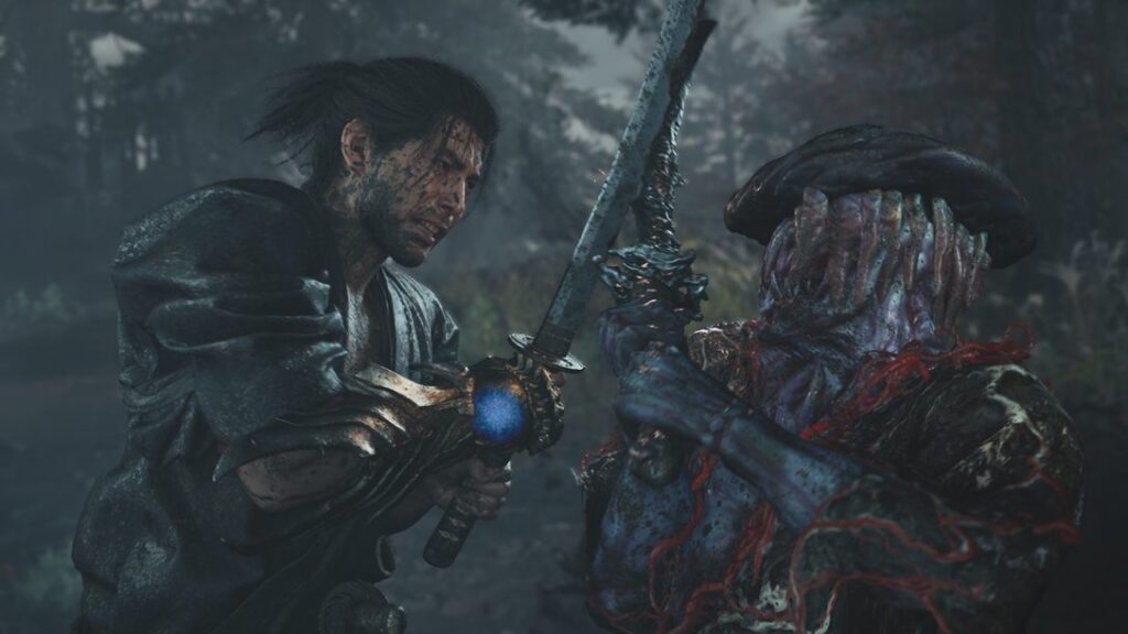 Capa oficial de Onimusha: Way of the Sword com Miyamoto Musashi diante das ameaças Genma