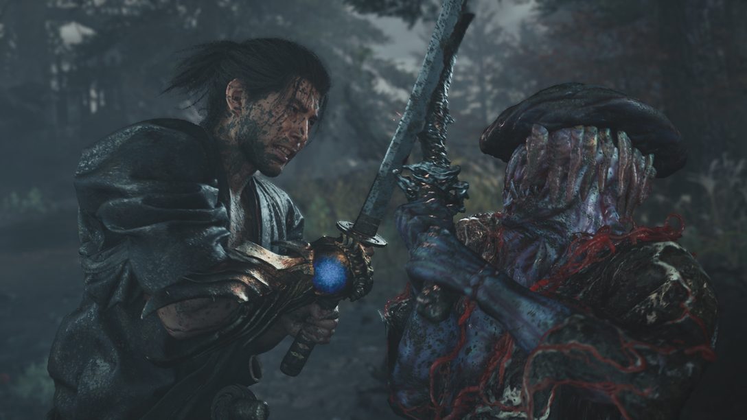 Capa oficial de Onimusha: Way of the Sword com Miyamoto Musashi diante das ameaças Genma