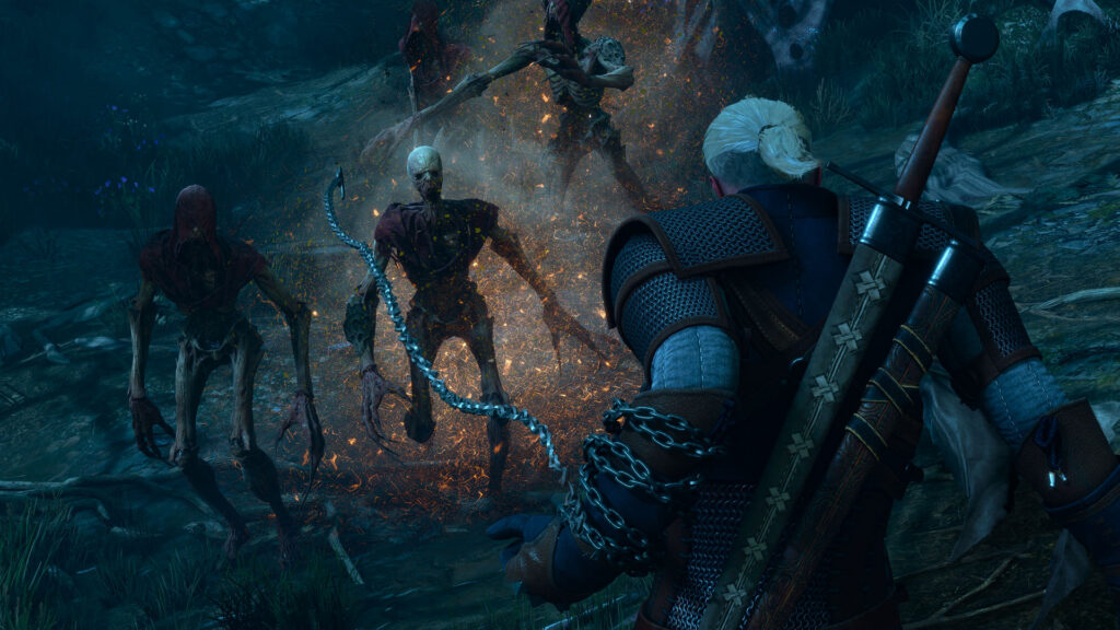 Geralt usa a nova arma corrente em The Witcher 3: Songs of the Past.