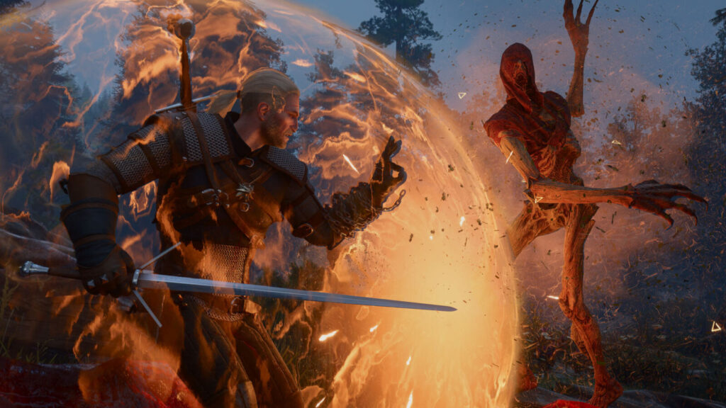 Cena oficial de The Witcher 3: Songs of the Past com Geralt enfrentando um Swarmion.
