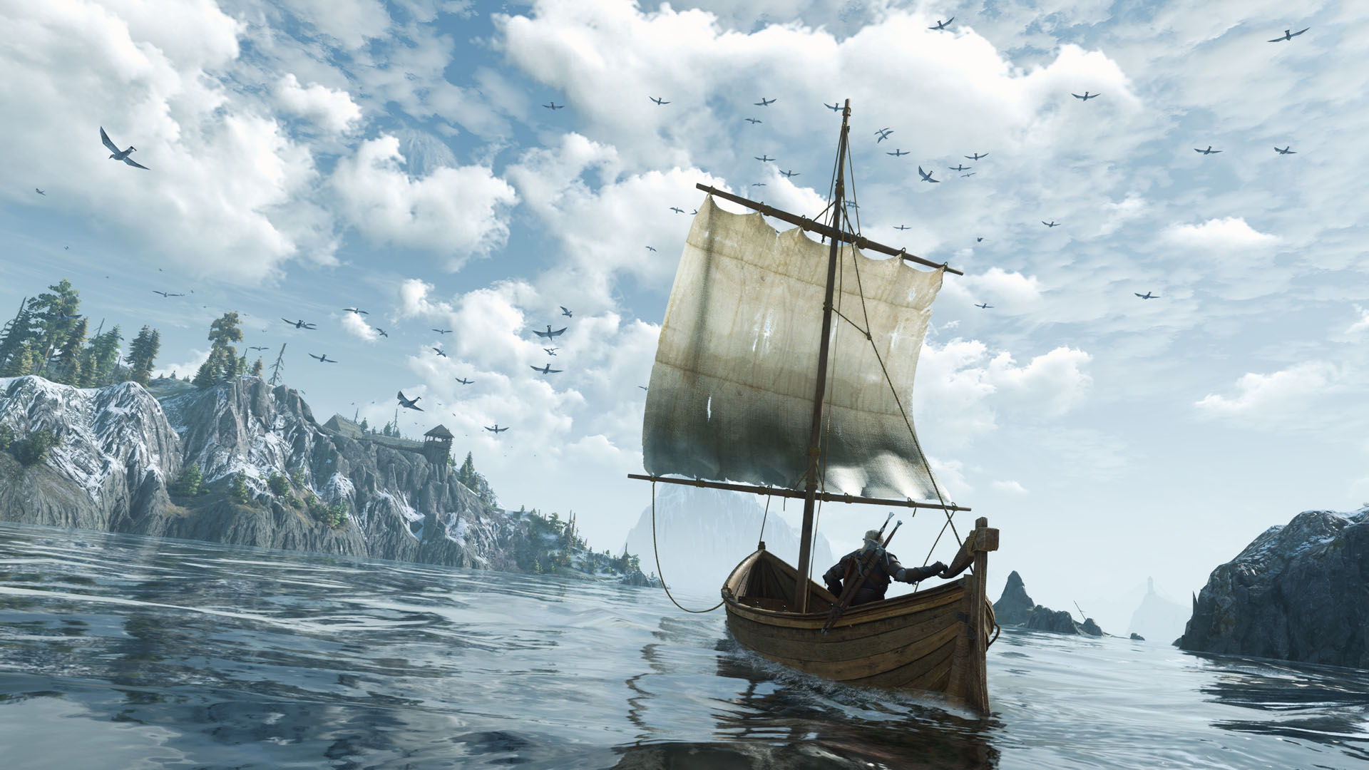 Geralt em uma embarcação em The Witcher 3 Remastered