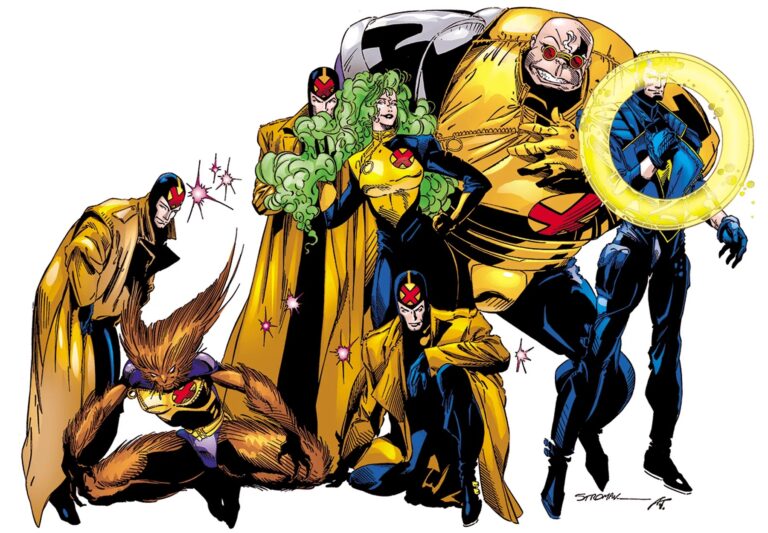 Arte oficial de X-Factor reunindo a equipe mutante em diferentes fases dos quadrinhos.
