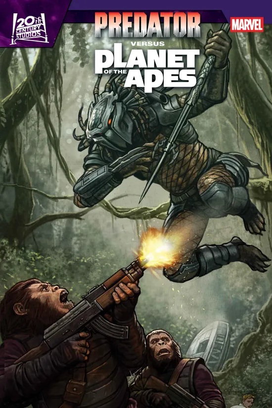 Capa oficial da primeira edição de Predator vs. the Planet of the Apes, publicada pela Marvel.