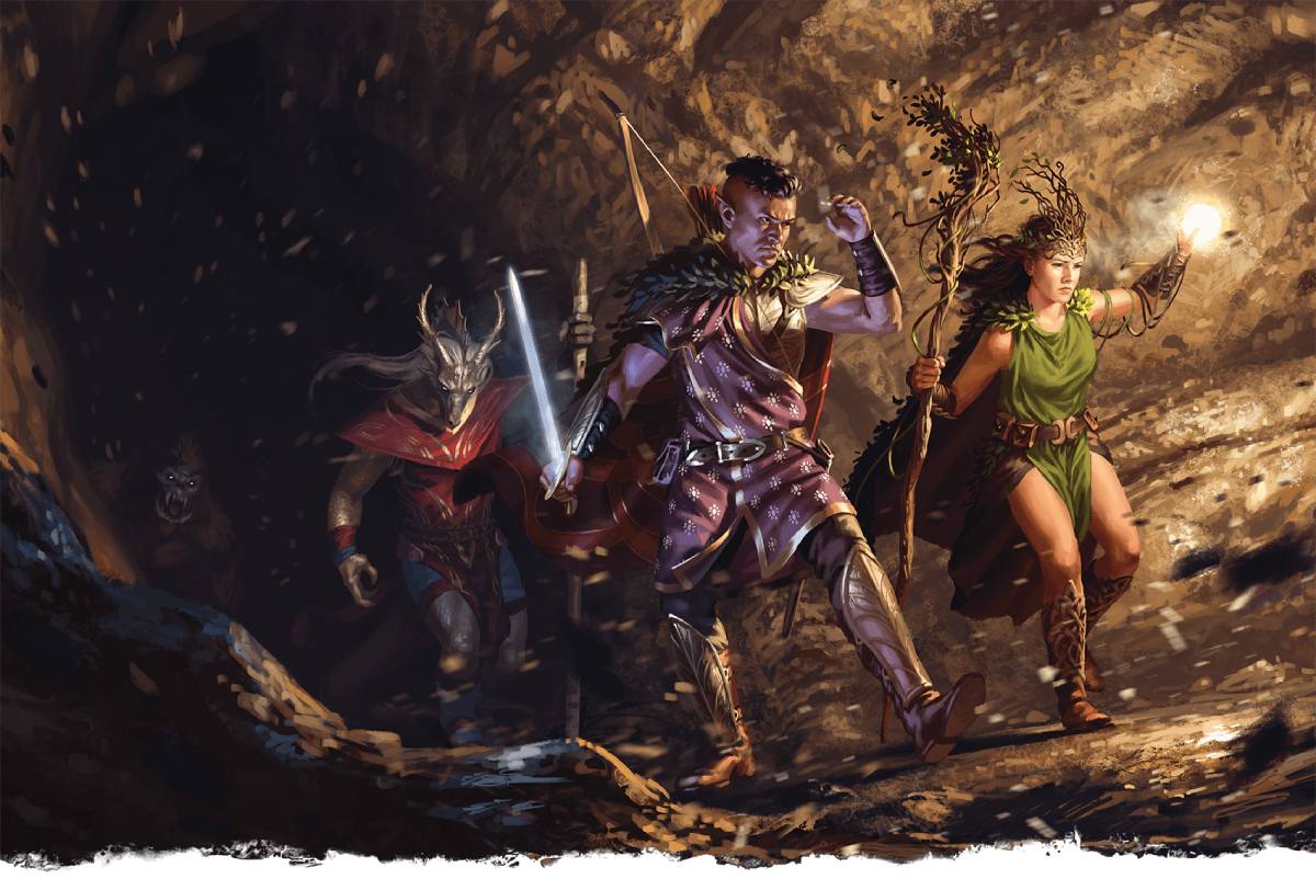 Três aventureiros enfrentam ventos fortes durante uma aventura de D&D.