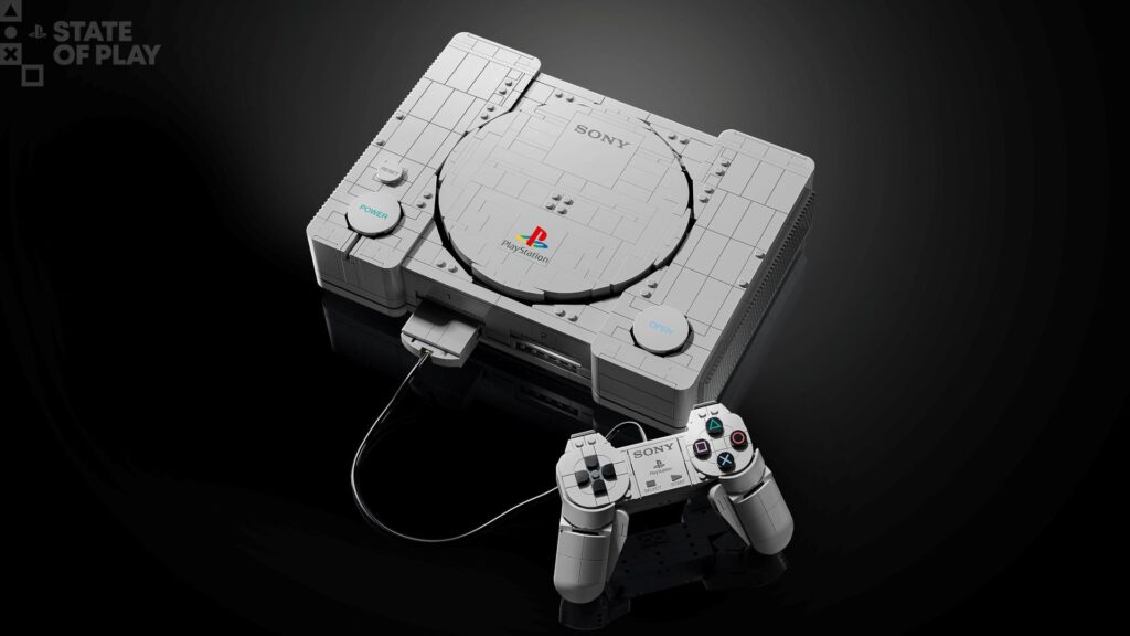 Réplica de LEGO do PlayStation original com controle e dioramas de jogos