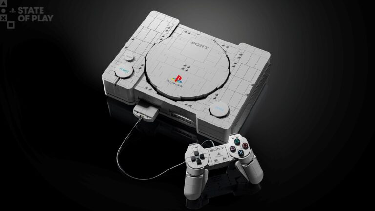 Réplica de LEGO do PlayStation original com controle e dioramas de jogos