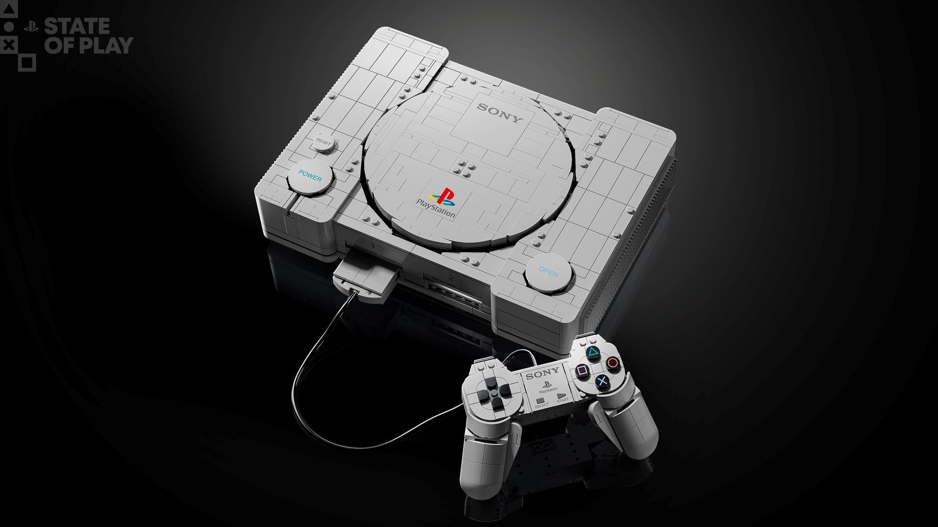 Réplica de LEGO do PlayStation original com controle e dioramas de jogos