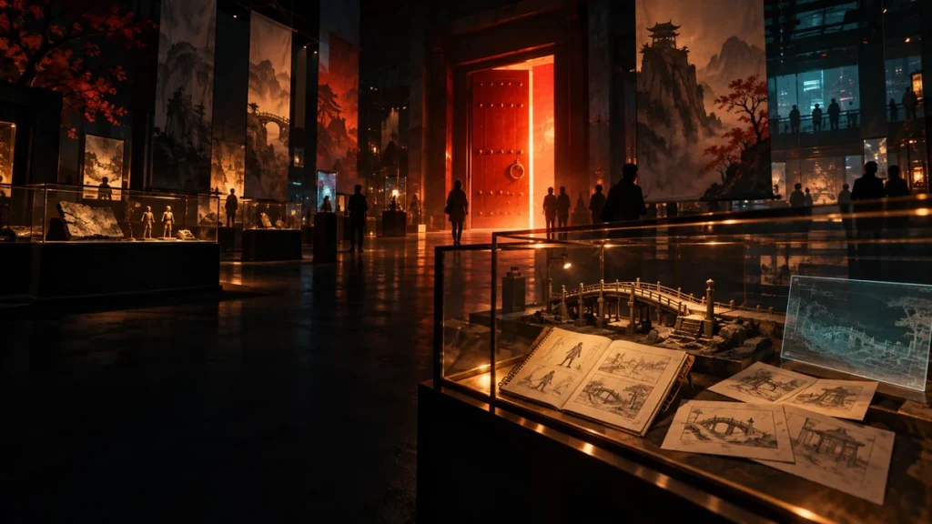 Ilustração conceitual de uma galeria escura com uma porta vermelha iluminada e vitrines de protótipos; não é foto da exposição.