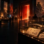 Ilustração conceitual de uma galeria escura com uma porta vermelha iluminada e vitrines de protótipos; não é foto da exposição.