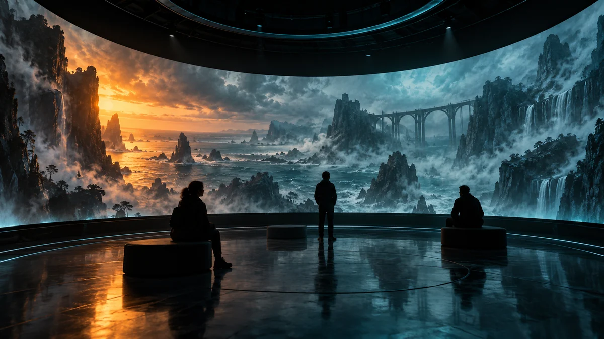 Ilustração conceitual de uma sala imersiva com projeção panorâmica e visitantes em silhueta.