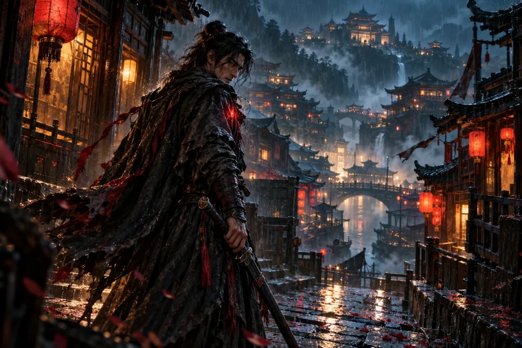 Ilustração conceitual de um guerreiro wuxia em uma rua chuvosa iluminada por lanternas; não representa o jogo.