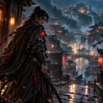 Ilustração conceitual de um guerreiro wuxia em uma rua chuvosa iluminada por lanternas; não representa o jogo.