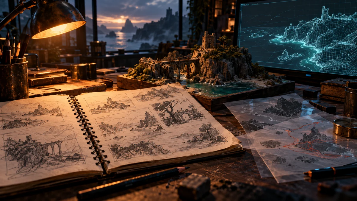Ilustração conceitual de um caderno de rascunhos, maquete de cenário e mapa digital em uma mesa de criação.