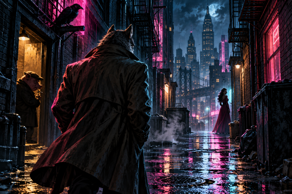 Detetive lupino visto de costas observa uma rua chuvosa de Manhattan com luzes neon e silhuetas ao fundo.