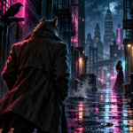 Detetive lupino visto de costas observa uma rua chuvosa de Manhattan com luzes neon e silhuetas ao fundo.