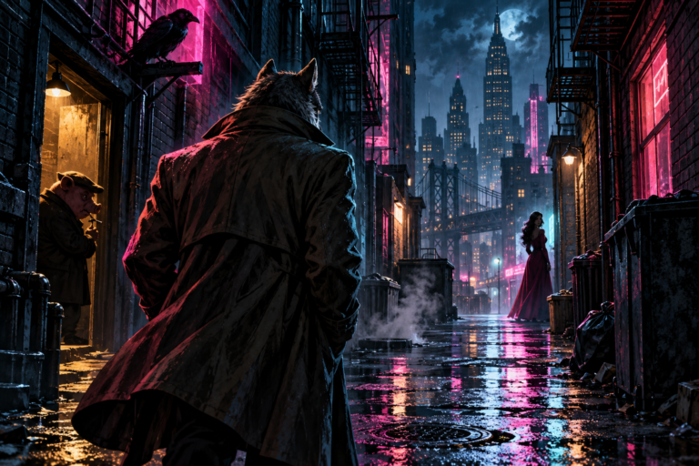 Detetive lupino visto de costas observa uma rua chuvosa de Manhattan com luzes neon e silhuetas ao fundo.