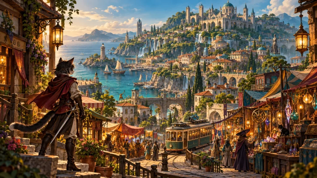 Cidade costeira fantástica com bonde, mercado e uma duelista felina original observando Yatamon.
